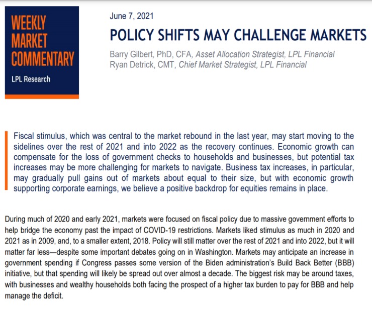 Policy Shifts May Challenge Market | Weekly Market Commentary | June 7,2021